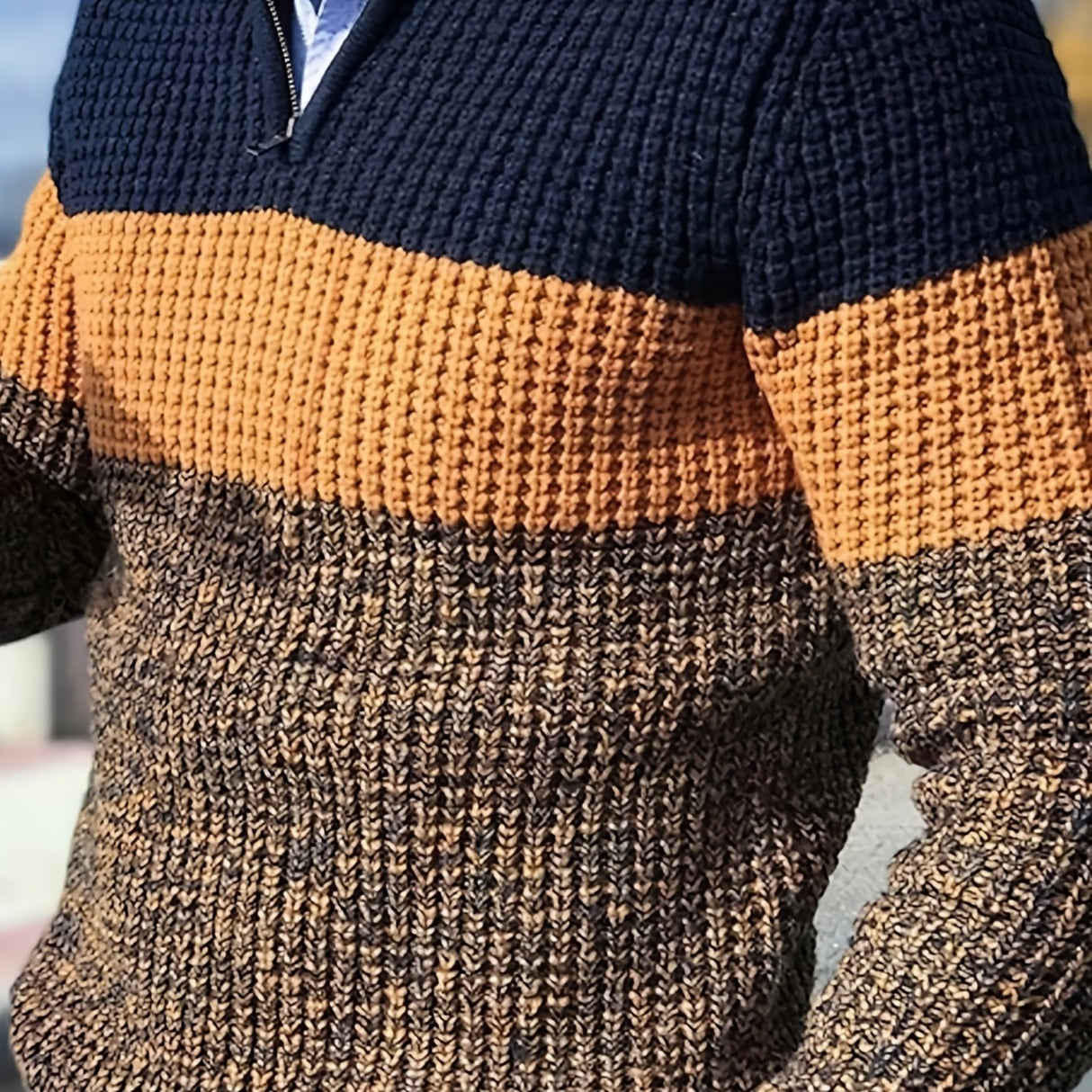 All Match Knitted Color Block Sweater, Men's Casual Warm Slightly Stretch V Neck Pullover Sweater For Men Fall Winter