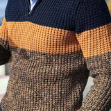 All Match Knitted Color Block Sweater, Men's Casual Warm Slightly Stretch V Neck Pullover Sweater For Men Fall Winter