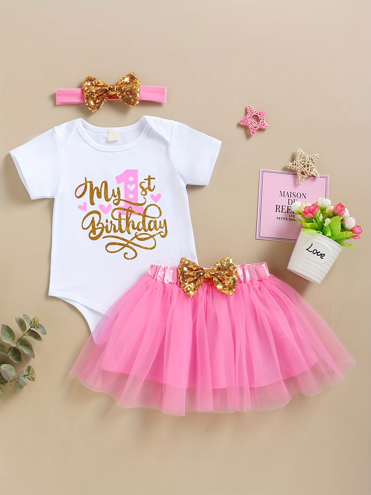 Baby Girl Birthday Cake Smash Outfit Toddler Girl My 1st Birthday Romper Tutu Skirt with Headband Clothes Set