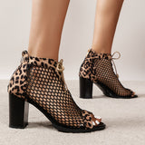 Women's Leopard Print Mesh Block High Heels, Fashion Peep Toe Lace Up & Back Zipper Sandals, Sexy Dress Shoes