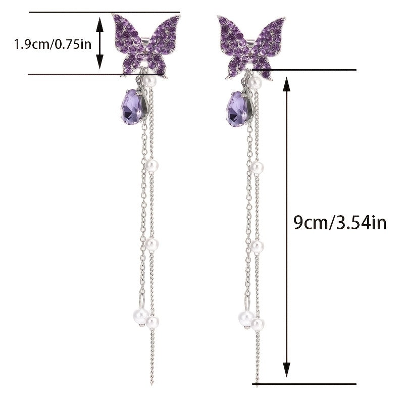 Chic Purple Butterfly Pearl Tassel Earrings - Whimsical Animal Pattern, Japanese & Korean Style, Versatile for All Occasions