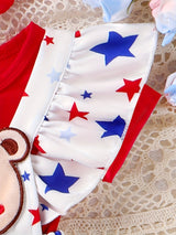 Baby Girl Newborn Romper with Red Head Knot, Short Sleeve, Star Print Bear Embroidery & Sling Skirt - Cotton Blend, Cute Style, Summer Wear, 0-18 Months, Perfect for Outdoor