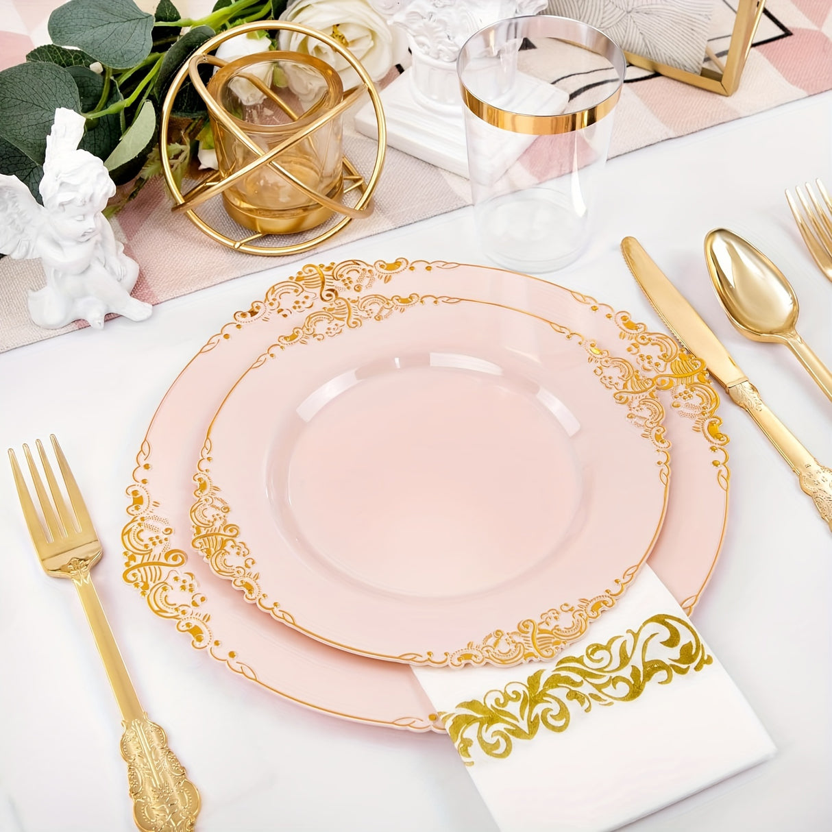 350PCS Pink and Golden Plastic Plates - Pink Plastic Dinnerware Sets for 50 Guests - 100 Pink Disposable Plates, 150 Golden Plastic Silverware, 50 Cups, 50 Napkins for Wedding & Mother's Day