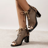 Women's Leopard Print Mesh Block High Heels, Fashion Peep Toe Lace Up & Back Zipper Sandals, Sexy Dress Shoes