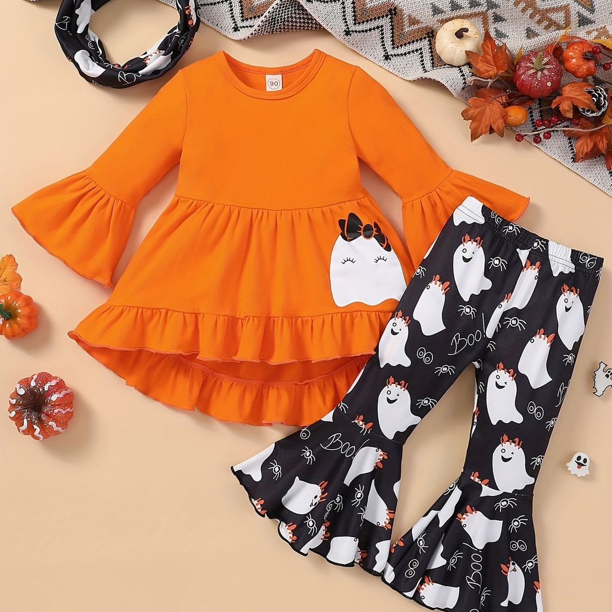 Girls 3pcs Ruffle Top & Elastic Waist Flared Pants & Scarf Set BOO Ghost Print Long Sleeve Pullover Top Halloween Style Casual Kids Clothes Spring Fall