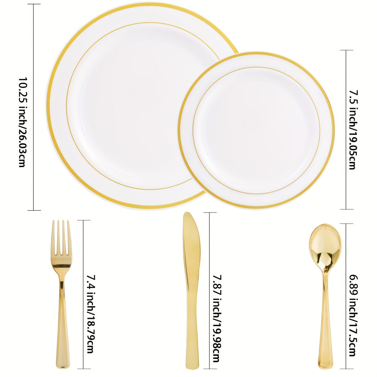 50pcs Gold Plastic Plates with Silverware, Gold Dinnerware Set Perfect for Wedding Includes: 10 Dinner Plates 10.25", 10 Salad Plates 7.5", 10 Gold Silverware Sets, White Gold Plates for Party, Holidays, Hand washable and reu