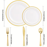 50pcs Gold Plastic Plates with Silverware, Gold Dinnerware Set Perfect for Wedding Includes: 10 Dinner Plates 10.25", 10 Salad Plates 7.5", 10 Gold Silverware Sets, White Gold Plates for Party, Holidays, Hand washable and reu
