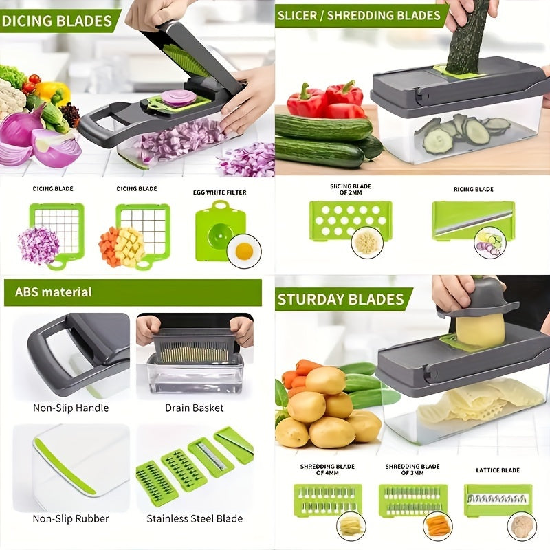 14-in-1/ Set Upgraded Vegetable Chopper With Container, Professional Food Chopper, Multi-Functional Fruit Slicer, Manual Food Shredder, Onion Grater With Multiple Interchangeable Blades Chopper, Dicer (Kitchen Gadgets And Ess