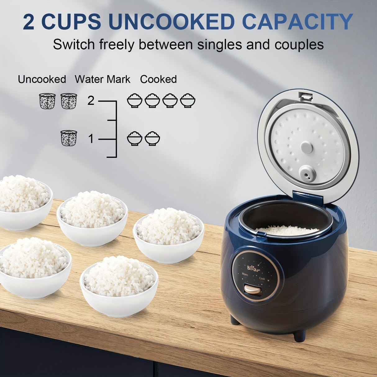 Bear Mini Rice Cooker 2 Cups Uncooked, 40.58oz Portable Non-Stick Small Travel Rice Cooker, BPA Free, One Button To Cook And Keep Warm Function, Blue