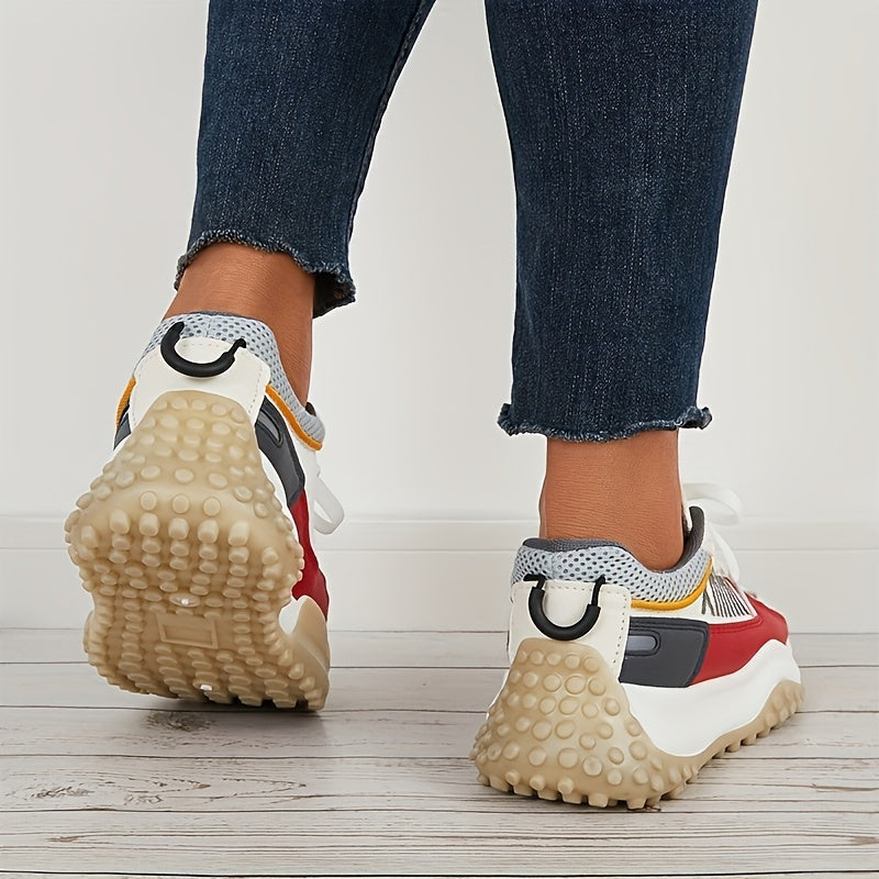 Women Thick Sole Shock Absorption Chunky Sneakers, Wear Resistance Lace Up Sport Shoes, Casual Versatile Breathable Comfortable Running Shoes