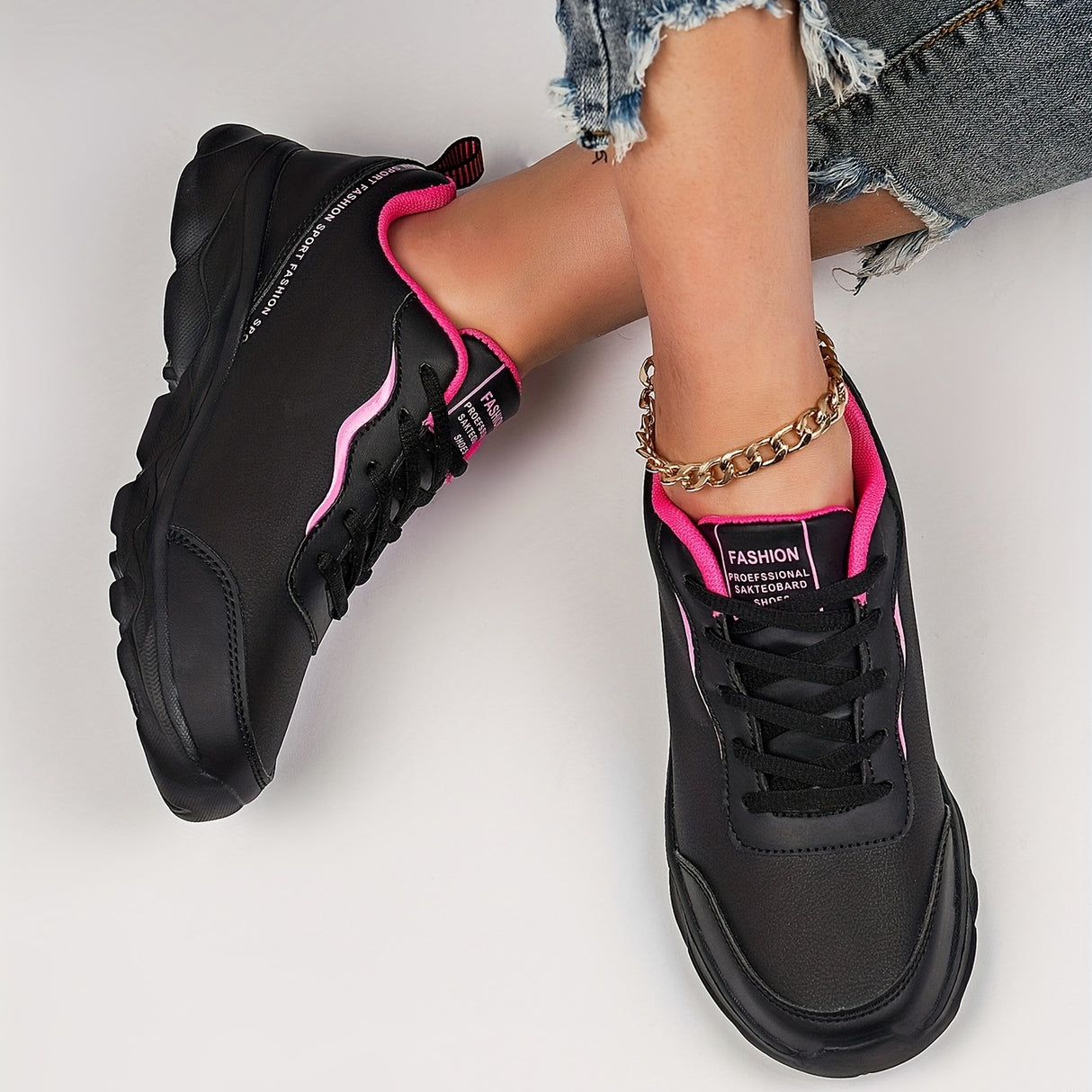 Women's Black Non-slip Sneakers, Casual Lace Up Faux Leather Running Shoes, Lightweight Outdoor Jogging Shoes