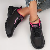 Women's Black Non-slip Sneakers, Casual Lace Up Faux Leather Running Shoes, Lightweight Outdoor Jogging Shoes