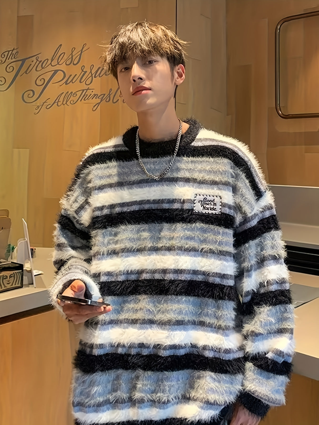 Cozy Striped Knit Sweater for Men - Casual Loose Fit, Color Block Design, Perfect for Fall/Winter