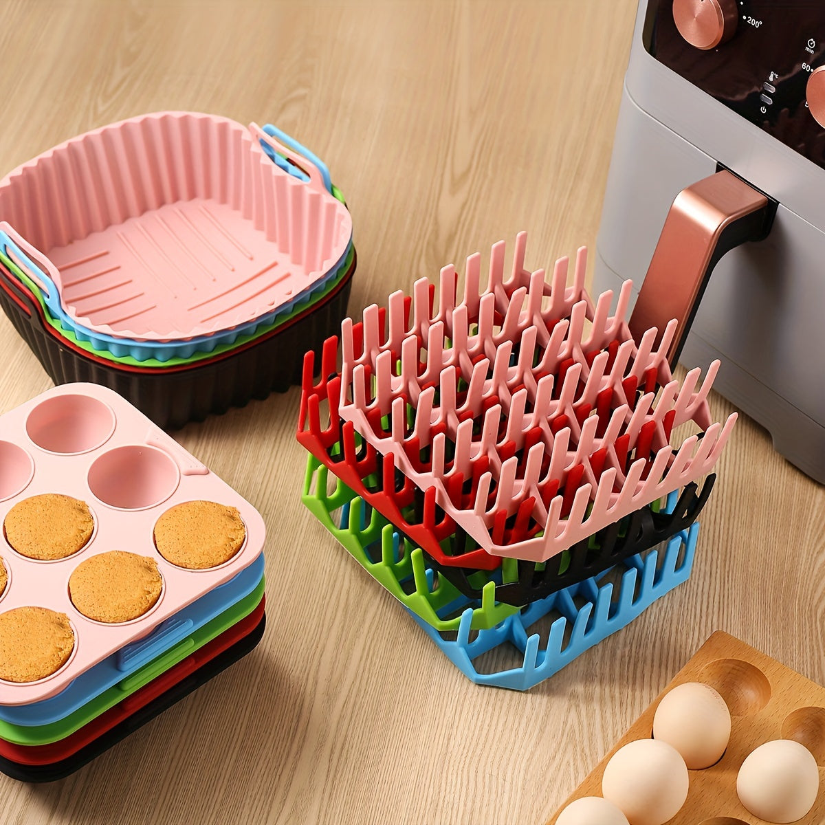 [9-Cavity Cake Mold Air Fryer Set] 1set, Premium Square Air Fryer Silicone Set - Bacon & Hot Dog Rack, 9-Cavity Cake Mold, Air Fryer Pan - BPA-Free, Dishwasher Safe - Compatible With 7QT+ Air Fryers