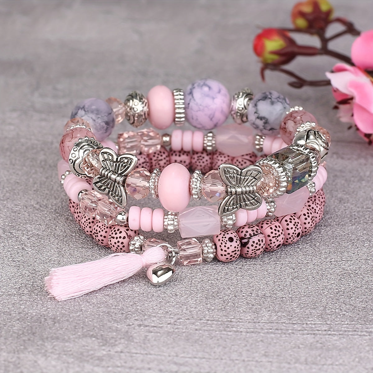 3pcs/set Vibrant Bohemian Butterfly Pendant Tassel Beaded Elastic Multi-Layer Acrylic Bracelets - Stylish Boho Accessories for Men and Women - Perfect Daily Decoration, Gift for Family, Friends, Boyfriends, and Girlfriends on