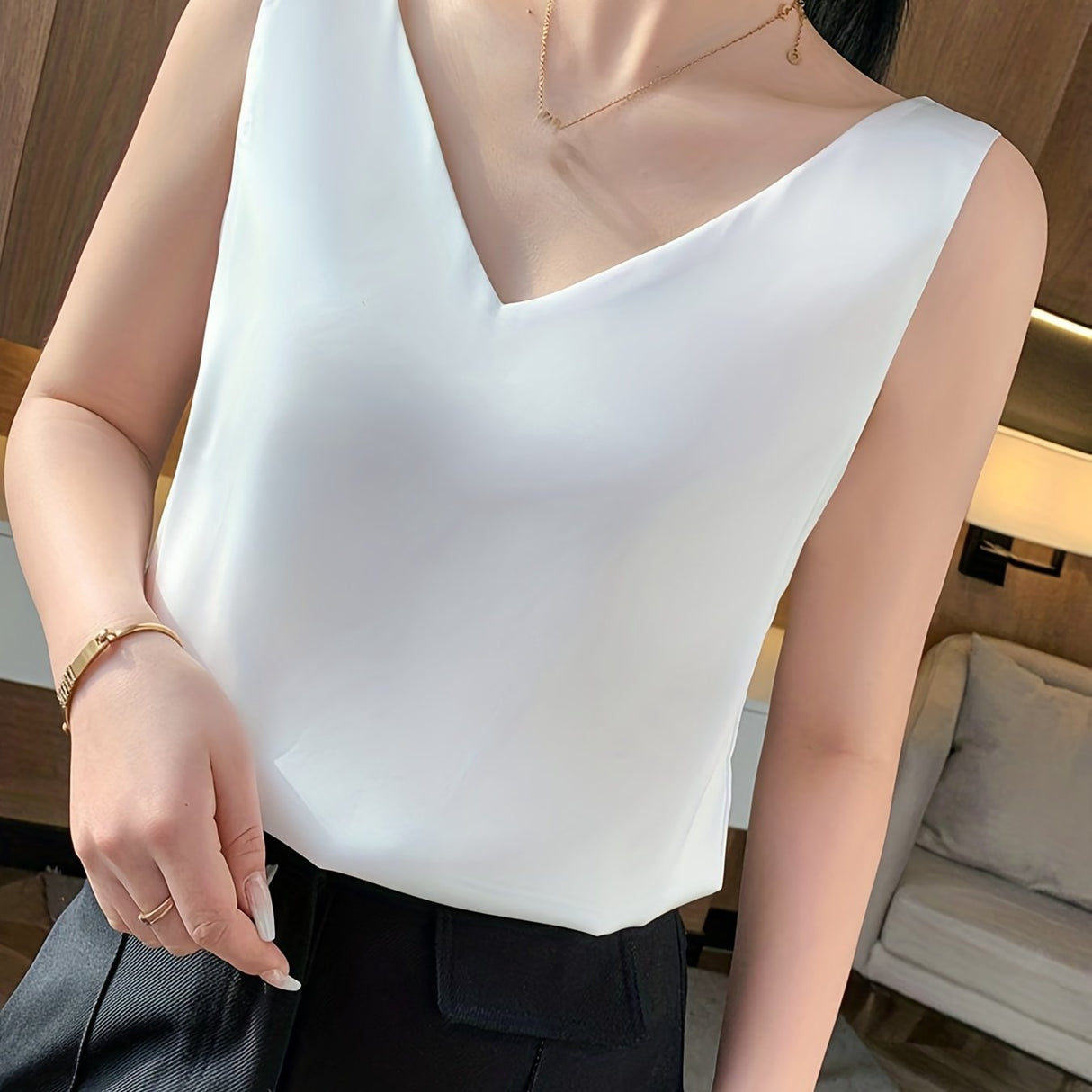 Elegant Summer V-Neck Tank Top for Women: Chic Sleeveless, Sexy Slingback Design, Polyester-Spandex Blend