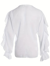 Flirty Ruffle Trim Blouse - Solid Color with Classy Button Front, Flowy Long Sleeves - Feminine Casual Top for Women