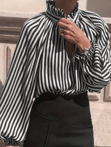 Chic Striped V-Neck Blouse with lettuce trim - Fashionable Long Sleeve Top for Women - Elegant Casual Wear
