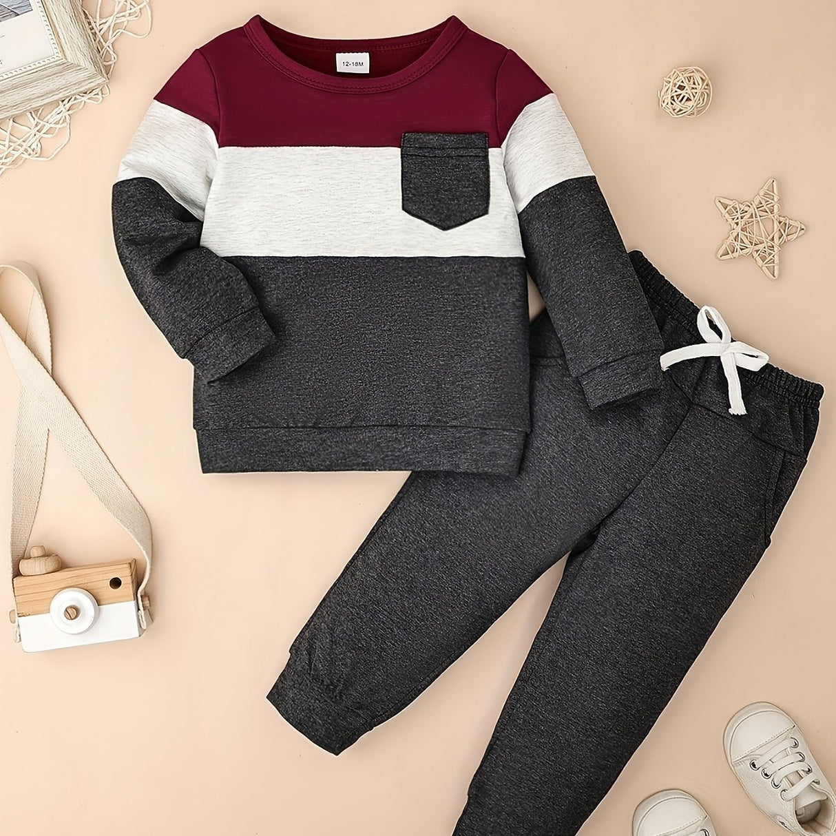 CETEPY Toddler Baby Boys Clothes Autumn Winter Outfits Color Block Long-sleeved Top + Trousers wIth Pockets Sets 12 Months-5 Years, for Outdoor
