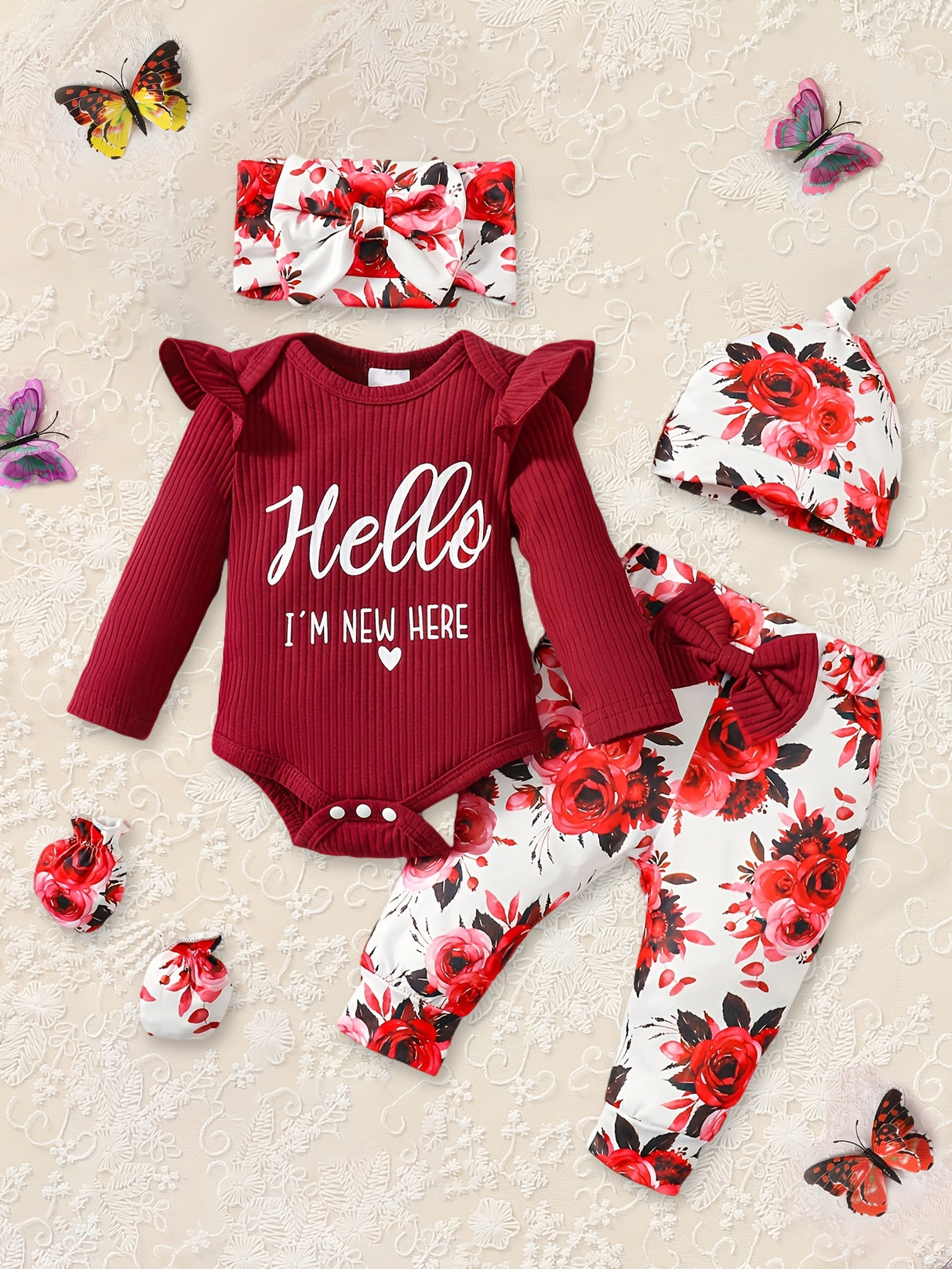 Newborn Baby Girl Clothes Hello I'm New Here Letter Romper+Floral Pants+Hat+Headband+Gloves Coming Home Outfits