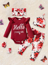 Newborn Baby Girl Clothes Hello I'm New Here Letter Romper+Floral Pants+Hat+Headband+Gloves Coming Home Outfits