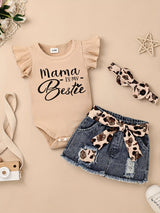 Baby Girl Clothes Newborn Jumpsuit Short Sleeved Denim Skirt with Front End and Baby Clothing Set, 0-18 Months, for Outdoor