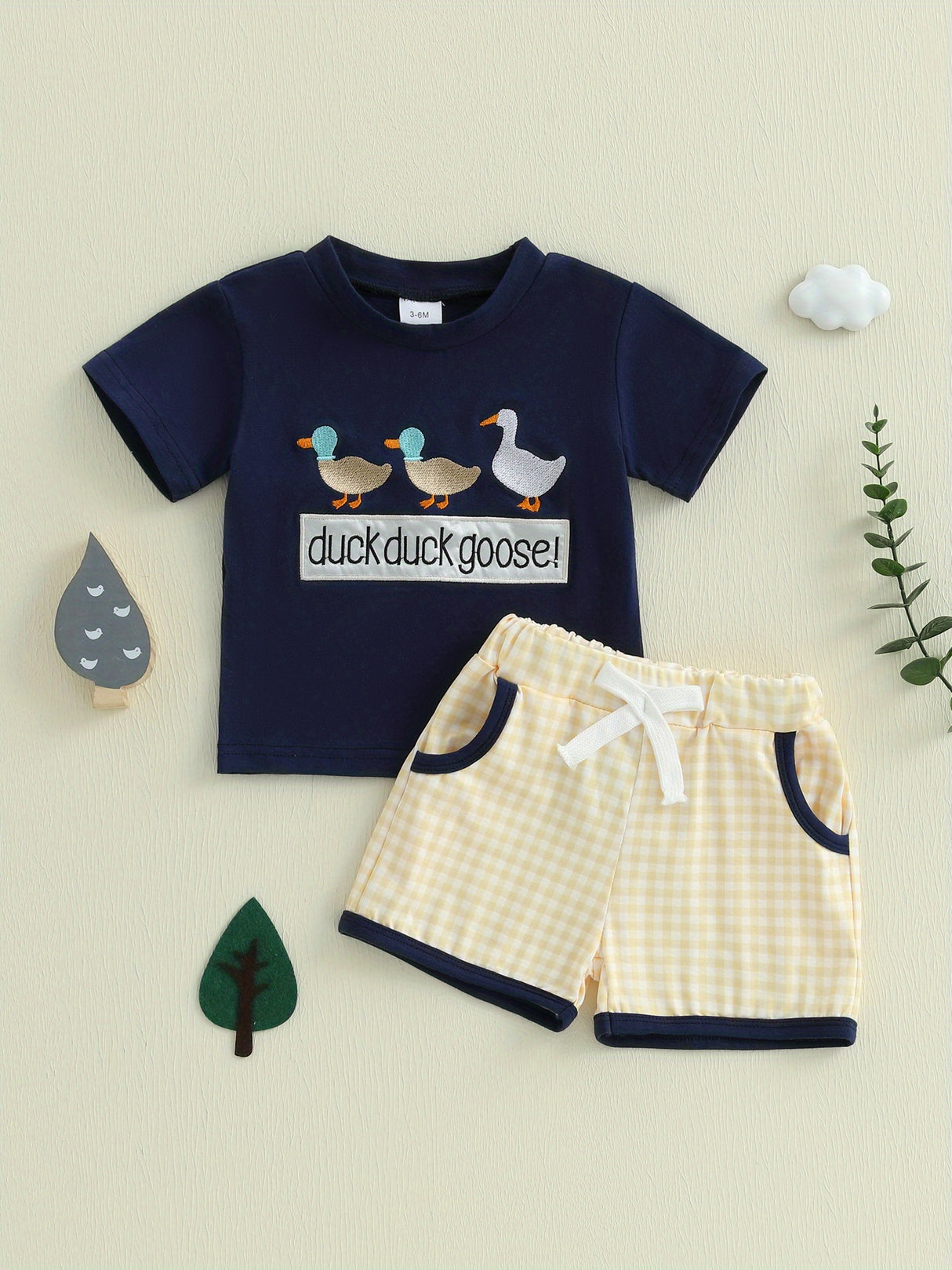 Toddler Boys Summer Outfits Letter Duck Embroidery Round Neck Short Sleeve T-Shirts Plaid Elastic Waist Shorts 2pcs Clothes Set, for Outdoor