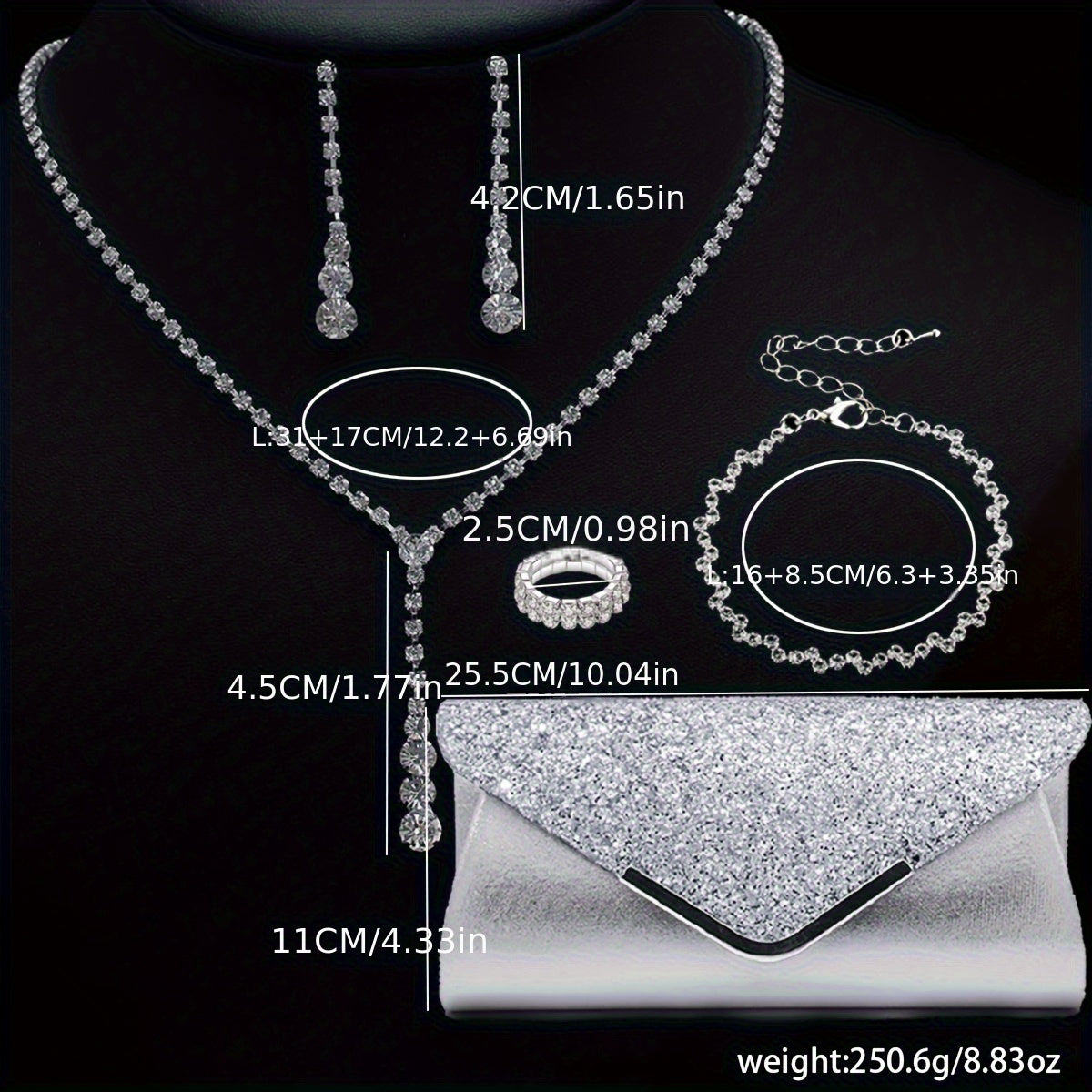 Elegant Bridal Jewelry Set - European & American Style, Simple Design Necklace, Earrings, Ring & Bracelet with Evening Clutch Bag - Perfect for Wedding/Formal Events Gifts For Eid