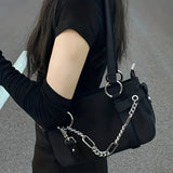 Black Solid Color Trendy Shoulder Bag, Chain Decor Versatile Underarm Bag, Zipper Nylon Stylish Handbag Tote Bag