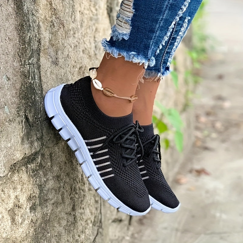 Women's Mesh Breathable Running Shoes, Solid Color Lace Up Front Summer Walking Shoes, Flying Woven Casual Sneakers