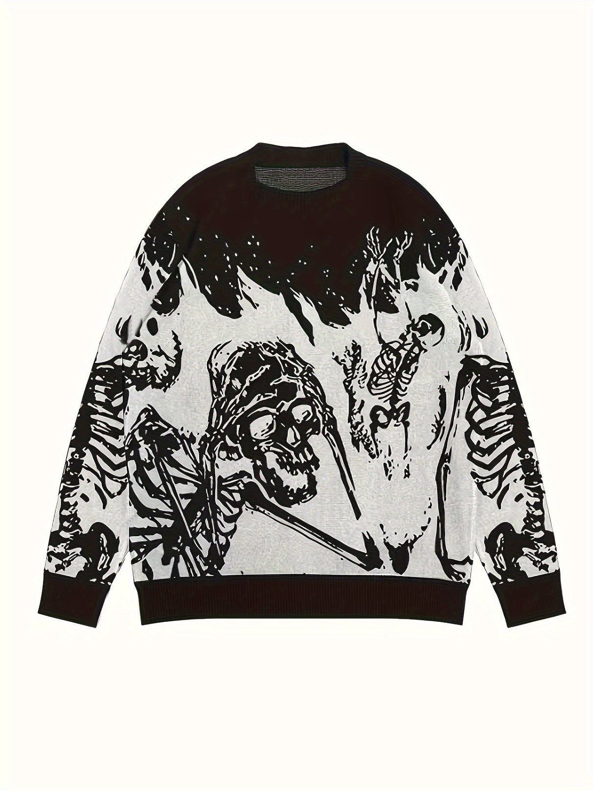 Vintage Skull Print Crew Neck Knit Sweater for Men - Viscose Blend Loose Fit Long Sleeve Pullover - Fall/Winter Casual & Party Knitwear with Medium Stretch - Adult Men's Halloween Top