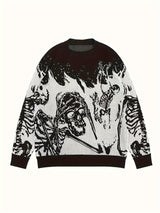 Vintage Skull Print Crew Neck Knit Sweater for Men - Viscose Blend Loose Fit Long Sleeve Pullover - Fall/Winter Casual & Party Knitwear with Medium Stretch - Adult Men's Halloween Top