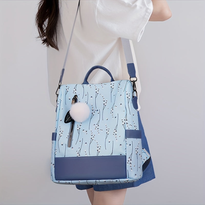 Pompom Decor Anti-Theft Travel Backpack Purse For Women - Floral Print Shoulder Bag - School Bag