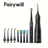 Fairywill Flush Device And Electric Toothbrush Combination with 4 Replacement Brush Heads, 4 Replacement Flush Heads, 2-minute Smart Timer, USB Rechargeable, Oral Care Kit, Tooth Cleaning Tool-perfect Holiday Gift, Black