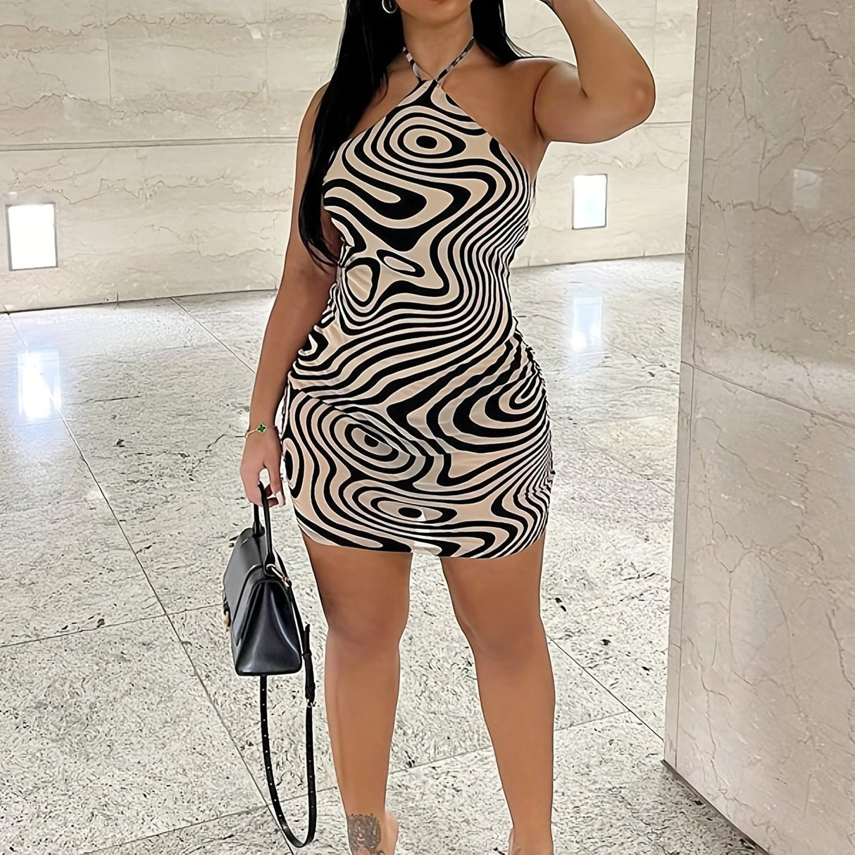 Chic Geometric Print Halter Mini Dress for Women - Sleeveless, Bodycon Fit, Perfect for Summer Beach Parties, Spaghetti Strap, Short Dress