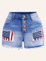 Stylish High-Waisted Ripped Patchwork Denim Shorts - Women Denim Shorts with Light Blue Washed Distressed, Cute American Flag Print, Single-breasted, Independence Day 4th Of July Summer Fashion, Casual Comfortable Shorts for