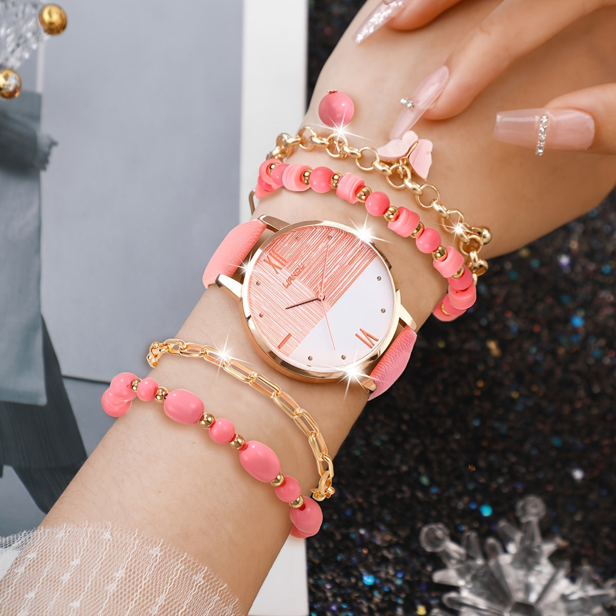 5pcs/set Women's Watch Elegant Butterfly Quartz Watch Analog PU Leather Wrist Watch & Bracelets, Valentines Gift For Her