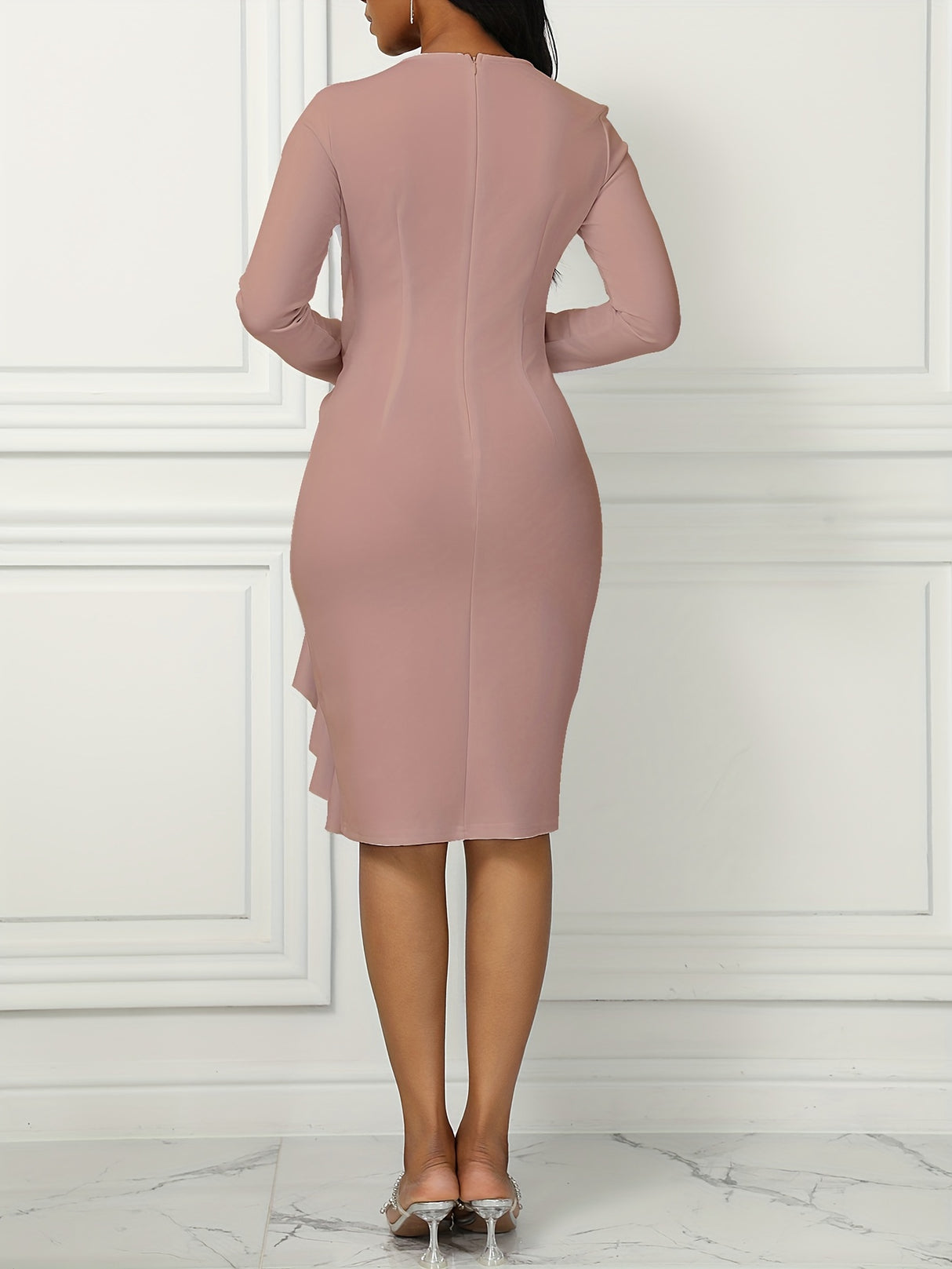 Long Sleeve Solid Ruffle Trim Belted Elegant Dress for Spring & Fall, Women's Clothing