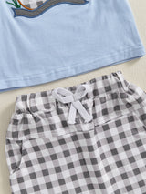 Toddler Baby Boys Clothes Sets Animal Embroidery Short Sleeve T-Shirt Plaid Elastic Waist Shorts