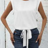 Chic Keyhole Back Tie Front Blouse - Effortless Casual Style with Classic Crew Neck Design - Perfect for Womens Spring and Summer Fashion