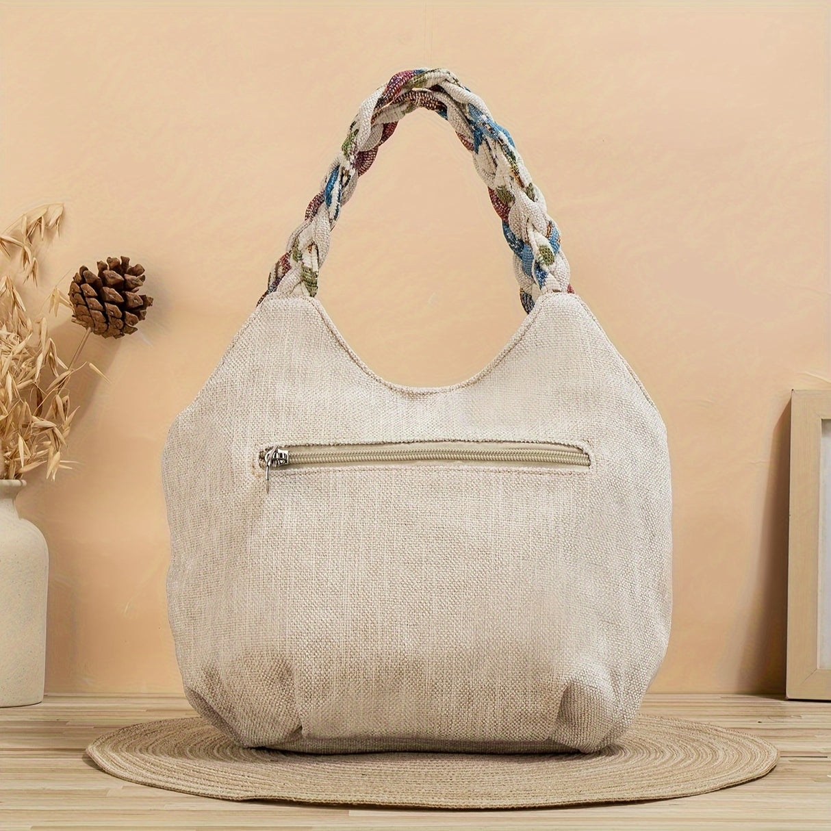 Bohemian Style Handmade Flower Tote Bag, Foldable, Zipper Closure, Fixed Shoulder Strap, with Wristlet, for Vacation