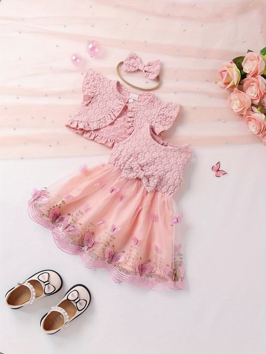 [Summer Baby Dress] 3pcs Summer Baby Girl Custom Mesh Dress | Three-Dimensional Butterfly Embroidered, Flanged Skin Flared Sleeve Short-Style Outer Blouse, Bow Hair Ribbon Set