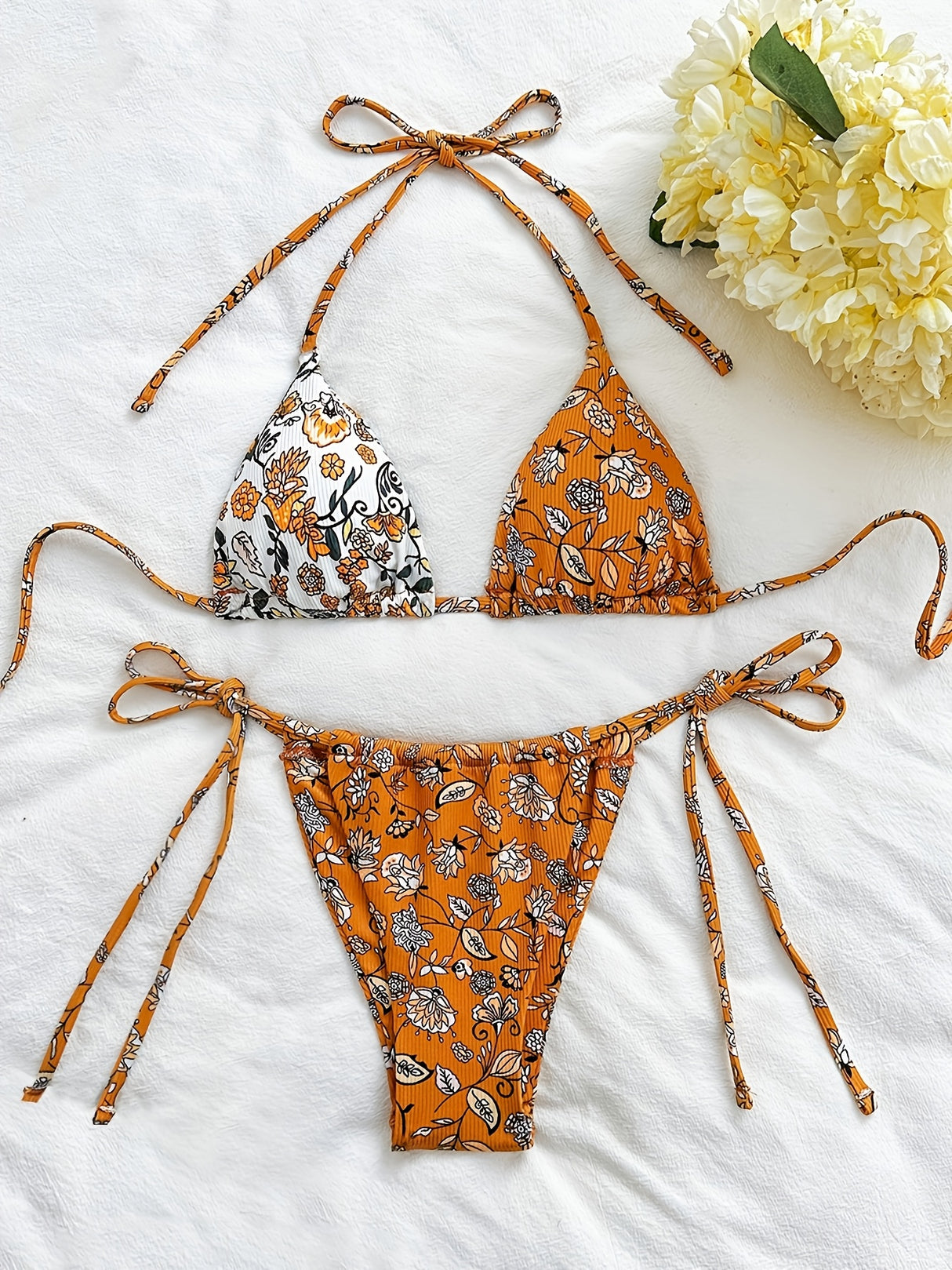 New European And American Floral Tie Bikini Two-piece Set Sexy Split Swimsuit For Women Beach Vacation Swimsuit For Women