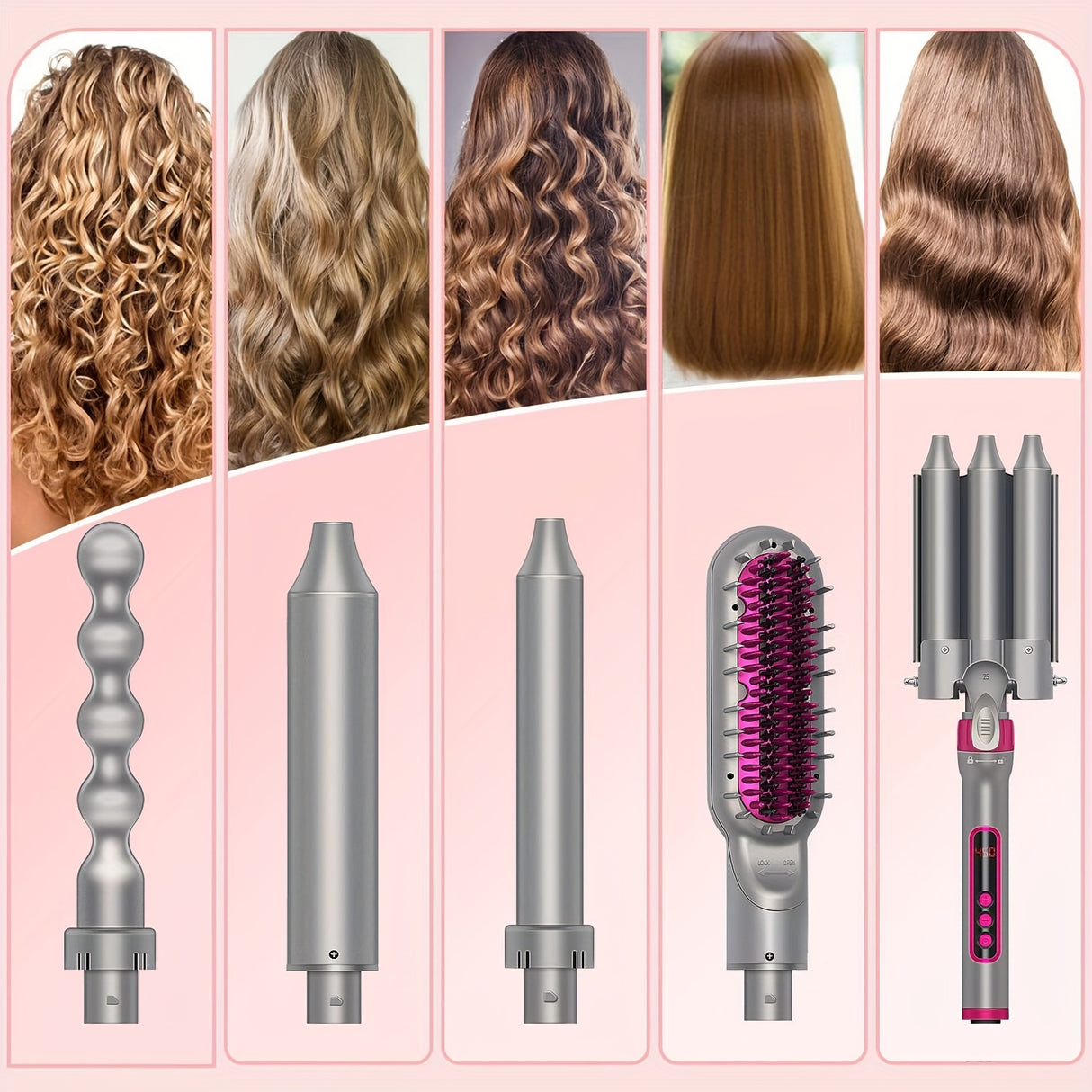Multifunction 5 In 1 Curling Iron Set, Heat Resistant Gloves And 3 Tubes Hair Curler And Hair Straightener Brush For Girls, 60 Minutes Automatic Power And Intelligent-Temperature Control Curling Iron, Fast Heating Hair Wand C