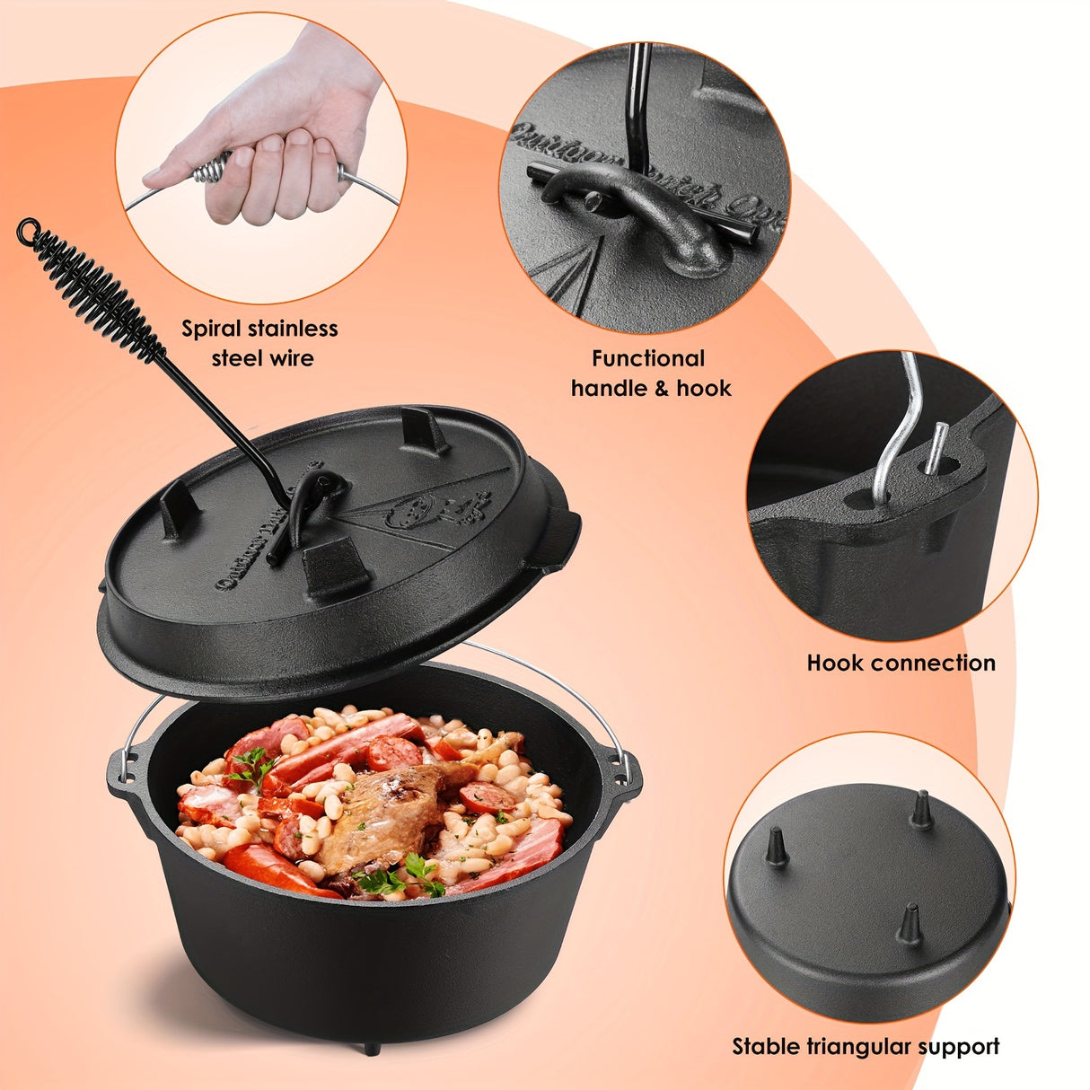13.2 Quart Cast Iron Dutch Oven with Lid Lifter, Dual Function Lid Griddle, Stand and Lid for Home Cooking, Baking, BBQ