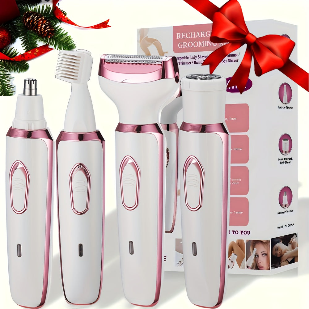 4-in-1 Painless Womens Hair Epilator - Ultimate Grooming Kit for Armpit, Bikini, Leg, Pubic Areas - Electric Razor, Trimmer, Clipper, Shaver for Effortless Smoothness
