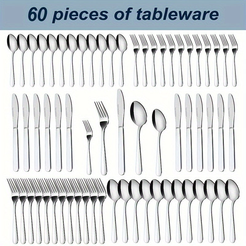 60/90pcs Stainless Steel Tableware, Western Dining Silverware, Steak Knife, Salad Fork, Coffee Dessert Spoons, Cutlery Set with Gift Box for 12 Persons, Dishwasher Safe, Kitchen Accessories,Halloween,Weddings