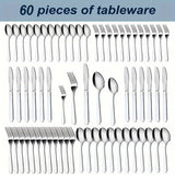 60/90pcs Stainless Steel Tableware, Western Dining Silverware, Steak Knife, Salad Fork, Coffee Dessert Spoons, Cutlery Set with Gift Box for 12 Persons, Dishwasher Safe, Kitchen Accessories,Halloween,Weddings