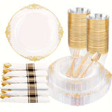 175PCS Clear and Gold Plastic Plates - Gold Disposable Plates Pre Rolled Napkins with Plastic Cutlery for 25 Guests, 50Plates, 75 Gold Plastic Silverware, 25Cups, 25Napkins for Wedding&Party