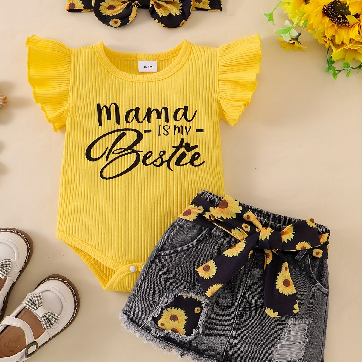 Baby Girl Clothes Newborn Jumpsuit Short Sleeved Denim Skirt with Front End and Baby Clothing Set, 0-18 Months, for Outdoor